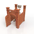 Wooden Architectural Gateway Structure With Arched Design Open Door And Top Lamp