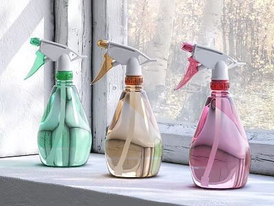 Colorful Plastic Spray Bottles on Window Sill for Home Cleaning Supplies 3d model