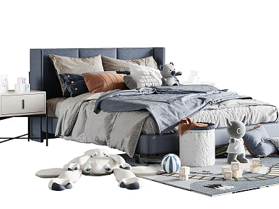 Cozy Children's Bed with Pillows Blanket Nightstand Stuffed Toys Toy Car and Building Blocks 3d model