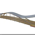 Modern Landscape Bridge With Curved White Roof Wooden Deck Railings And Green Yellow Pathway