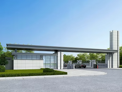 Modern Entrance Gate with Canopy Guard House and Landscaped Lawn in Clear Blue Sky 3d model