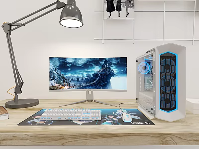 Modern Desktop Computer Setup With Monitor PC Case Keyboard And Desk Lamp On Wooden Table 3d model