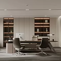 Modern Office Interior Design With Wooden Desk Two Chairs Bookshelves Computer Gray Carpet And Sofa