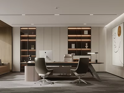 Modern Office Interior Design With Wooden Desk Two Chairs Bookshelves Computer Gray Carpet And Sofa 3d model