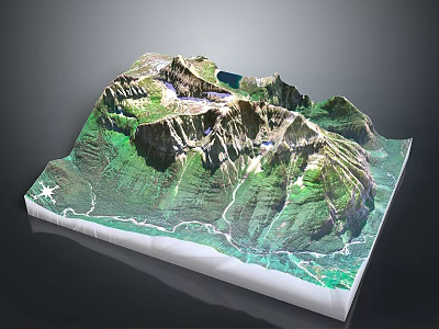 Realistic Mountain Terrain Model with Green Vegetation Blue Lake and Winding Paths 3d model