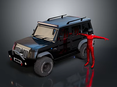 Black Off Road Vehicle With Roof Rack And Large Tires Beside Red Suit Figure 3d model