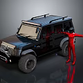 Black Off Road Vehicle With Roof Rack And Large Tires Beside Red Suit Figure