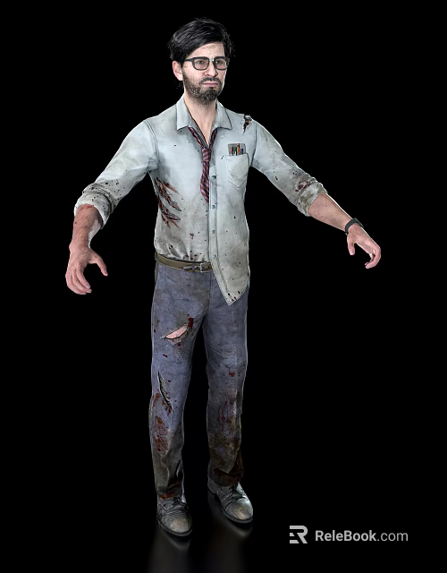 Man In Tattered Bloodstained Shirt And Pants With Outstretched Hands On Black Background 3d model 