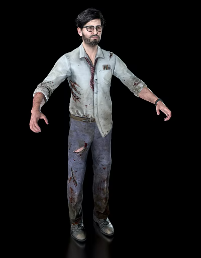 Man In Tattered Bloodstained Shirt And Pants With Outstretched Hands On Black Background 3d model