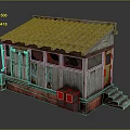 Old Wooden Building With Weathered Tile Roof Broken Windows Red Base And Stone Steps