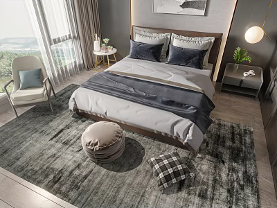 Modern Bedroom Interior With Double Bed Gray Bedding Area Rug Nightstand And Pendant Light 3d model