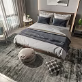 Modern Bedroom Interior With Double Bed Gray Bedding Area Rug Nightstand And Pendant Light