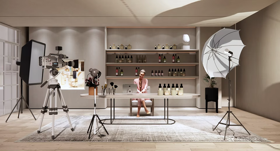 Public Office Space With Person At Desk Photography Equipment Shelves Bottles Lighting And Green Plants 3d model 