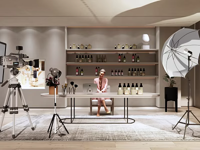 Public Office Space With Person At Desk Photography Equipment Shelves Bottles Lighting And Green Plants 3d model