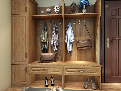 Modern Wooden Shoe Cabinet With Clothes Hanging Area Bags And Shoes Storage 3d model