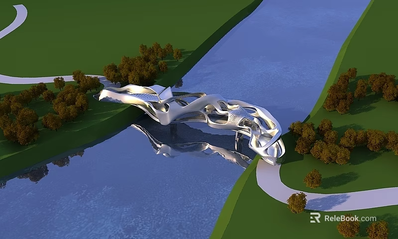 Modern Sculptural Bridge Over River With Green Grass Trees And Water Reflection 3d model 