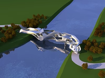 Modern Sculptural Bridge Over River With Green Grass Trees And Water Reflection 3d model