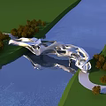 Modern Sculptural Bridge Over River With Green Grass Trees And Water Reflection