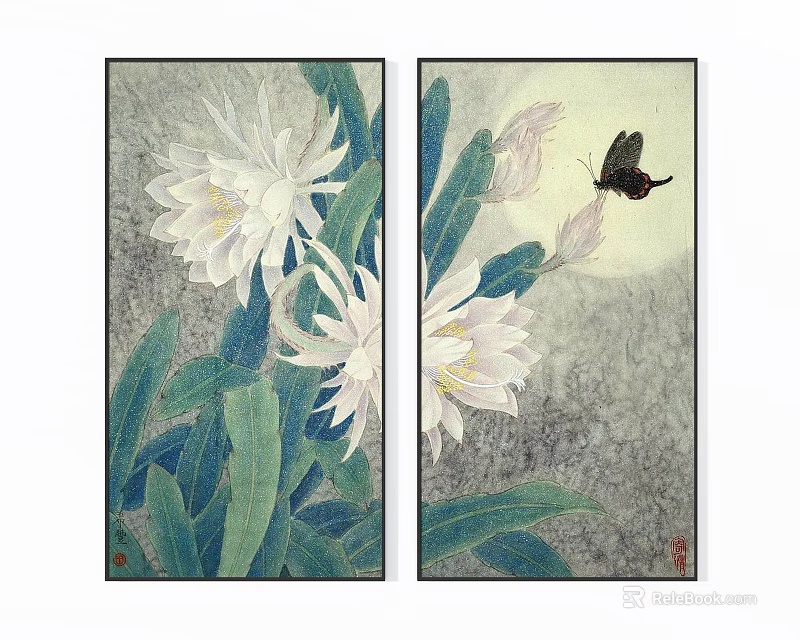Traditional Chinese Paintings With White Epiphyllum Flowers Green Leaves And Butterfly 3d model 