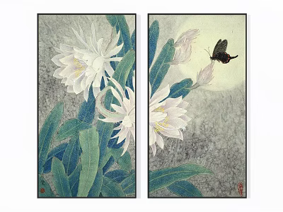 Traditional Chinese Paintings With White Epiphyllum Flowers Green Leaves And Butterfly 3d model