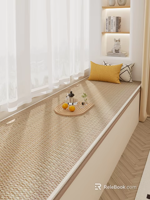 Cozy Bay Window Cabinet With Mat Yellow Pillow Tray Lemons Small Plant And White Curtains 3d model 