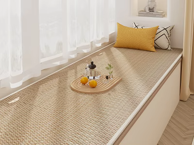 Cozy Bay Window Cabinet With Mat Yellow Pillow Tray Lemons Small Plant And White Curtains 3d model