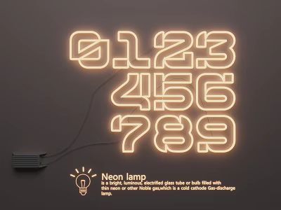 Modern Neon Lamp Combination With Digital Numbers 0123456789 And Power Supply Cable 3d model