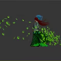 Game Movie Character With Red Hair Red Horns Silver Armor Green Dress Flying Green Leaves