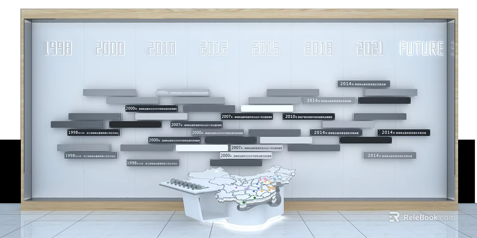 Modern Background Wall with Year Markers Horizontal Panels and White Display Stand 3d model 