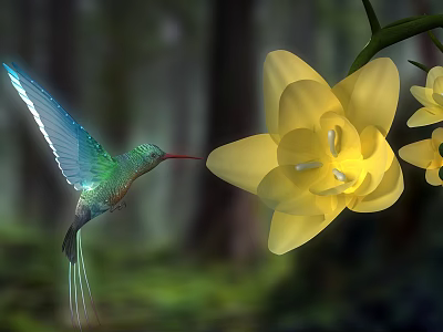 Vibrant Green Hummingbird Hovering Near Bright Yellow Flower In Lush Forest 3d model