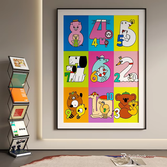 Colorful Abstract Painting With Numbers And Cartoon Animals In Grids 3d model 