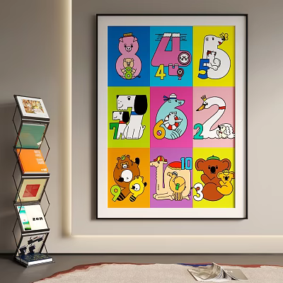 Colorful Abstract Painting With Numbers And Cartoon Animals In Grids 3d model