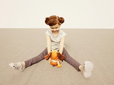 Little Girl with Pigtails Sitting on Floor Hugging Orange Stuffed Toy in Light Room 3d model