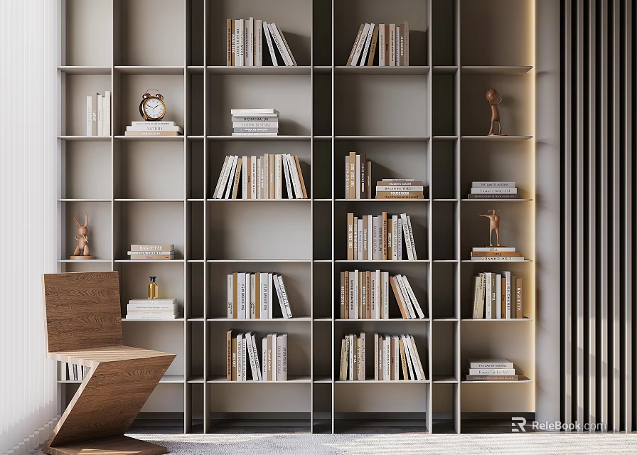 Modern Decorative Ornament Combination on Open Bookshelf with Books and Small Sculptures 3d model 