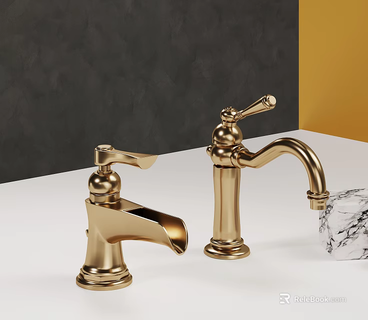 Two Golden Elegant Faucets With Classic Design On Dark Background And Transparent Crystal 3d model 