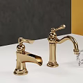 Two Golden Elegant Faucets With Classic Design On Dark Background And Transparent Crystal