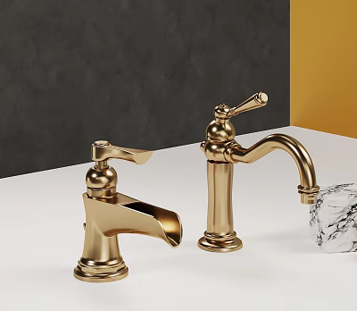 Two Golden Elegant Faucets With Classic Design On Dark Background And Transparent Crystal 3d model