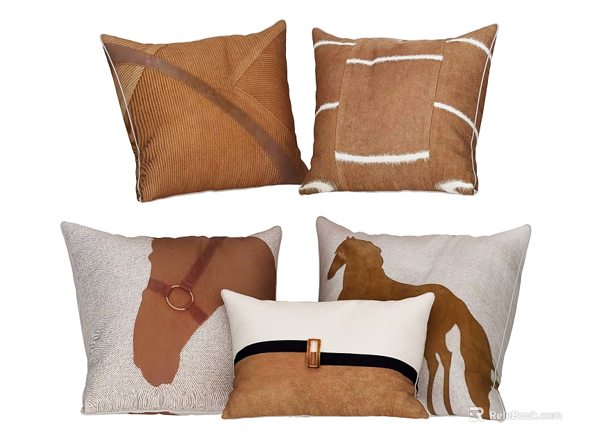 Stylish Brown Decorative Throw Pillows With Horse Motif Striped Design And Leather Accents 3d model 