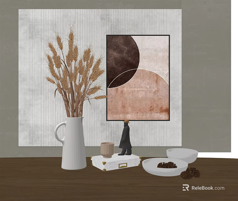 Minimalist Decorative Ornament Set with Dried Wheat White Vase Black Ornament Geometric Art Coffee Beans 3d model 