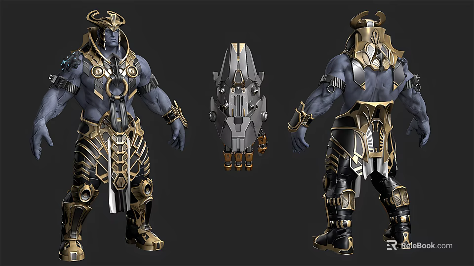 Mythical Creature Armored Warrior Blue Skinned With Intricate Golden Armor Front Side Back Views 3d model