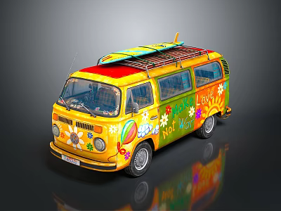 Colorful Hippie Style Functional Van With Roof Surfboard And Floral Camping Patterns 3d model