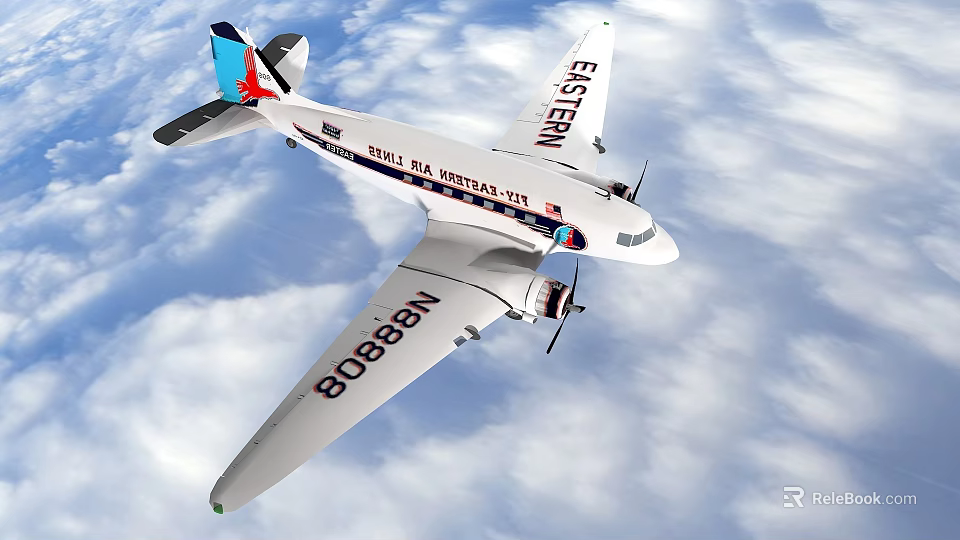 Vintage Classic Airliner Flying High in Cloudy Sky with Propellers 3d model 