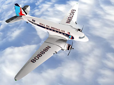 Vintage Classic Airliner Flying High in Cloudy Sky with Propellers 3d model