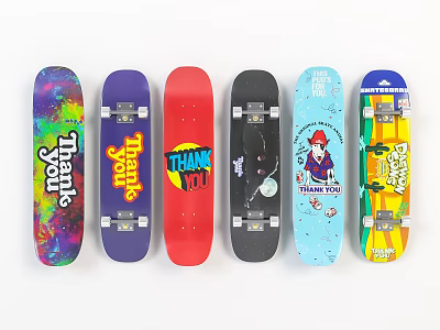 Colorful Skateboard Collection With Various Designs And Thank You Text 3d model