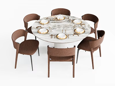 Six Modern Woven Dining Chairs with Wooden Legs around Round Marble Dining Table 3d model