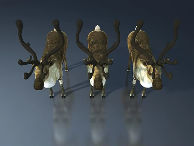 Three Reindeer Statues With Big Antlers Standing On Shiny Blue Floor 3d model