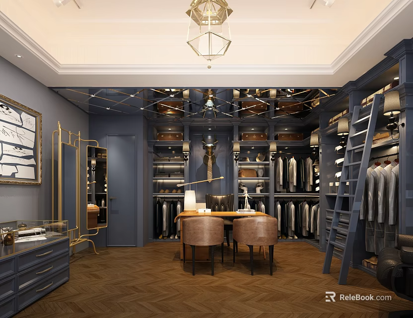 Luxury Clothing Store Interior with Dark Shelves Hanging Clothes Mirror Chandelier and Ladder 3d model 