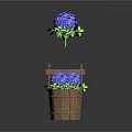 Cartoon Scene Featuring Blue Hydrangea Flowers In Wooden Bucket And Isolated Bloom