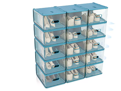 Blue Transparent Plastic Stackable Shoe Rack With Multiple Compartments For Shoes 3d model