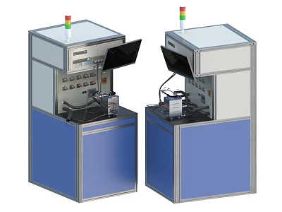 Dual Industrial Equipment Control Workstations With Monitor Display Indicator Lights And Blue Enclosures 3d model